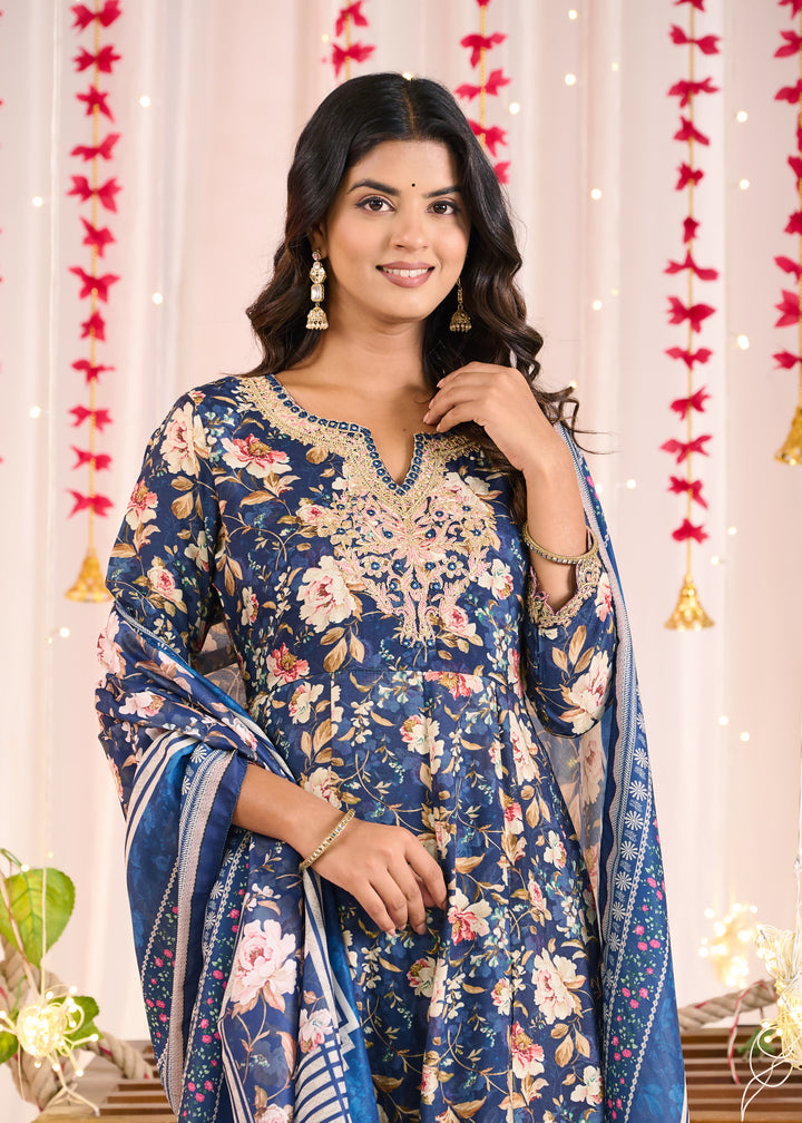 Elegant Muslin Anarkali Suit - Sweetheart Neckline, 3/4th Sleeves