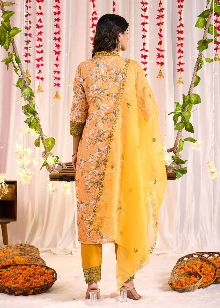 Elegant Cotton Sifli Kurta Set - Straight Cut, 3/4th Sleeves, V-Neck Design