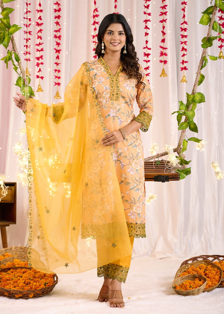Elegant Cotton Sifli Kurta Set - Straight Cut, 3/4th Sleeves, V-Neck Design