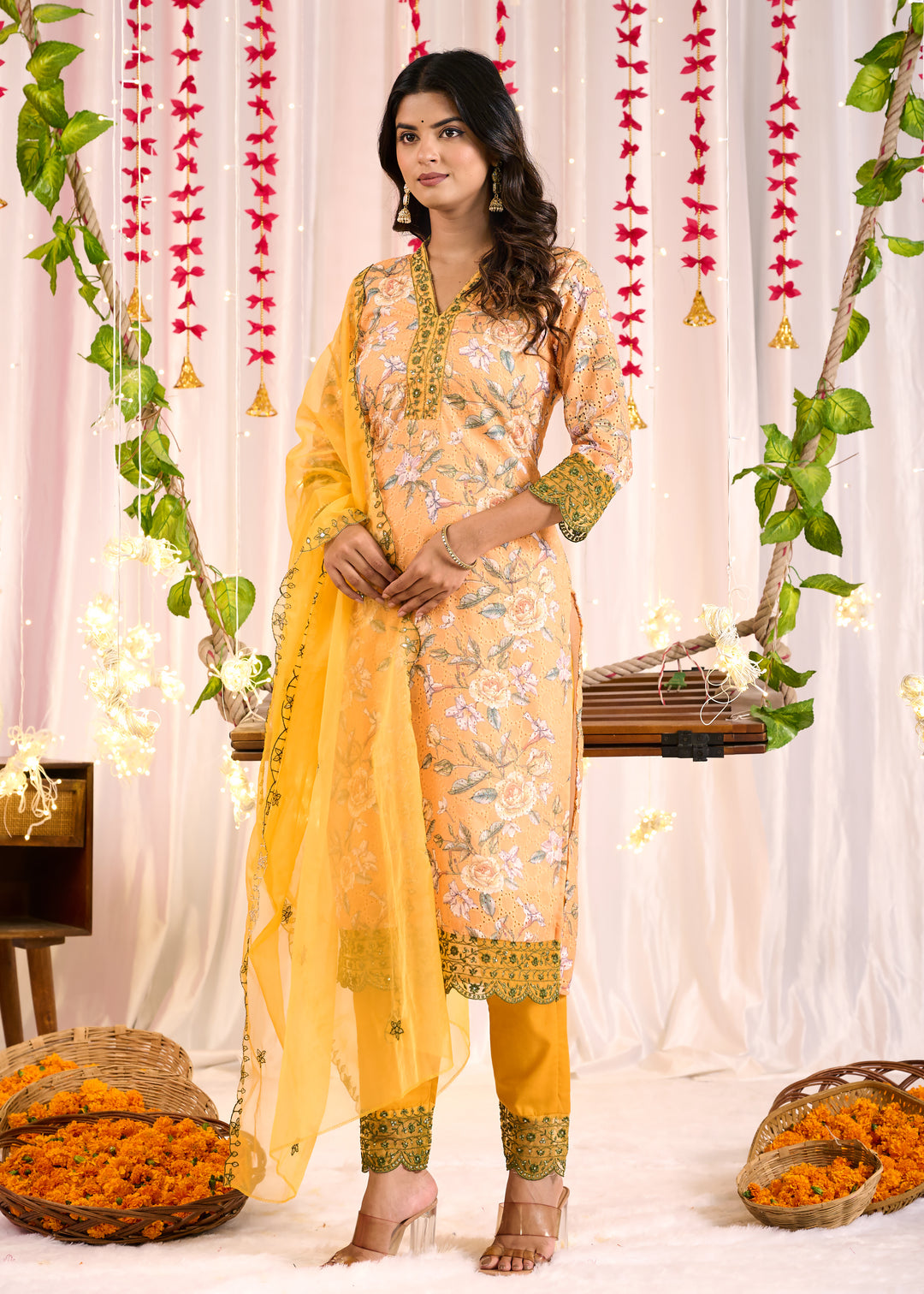 Elegant Cotton Sifli Kurta Set - Straight Cut, 3/4th Sleeves, V-Neck Design