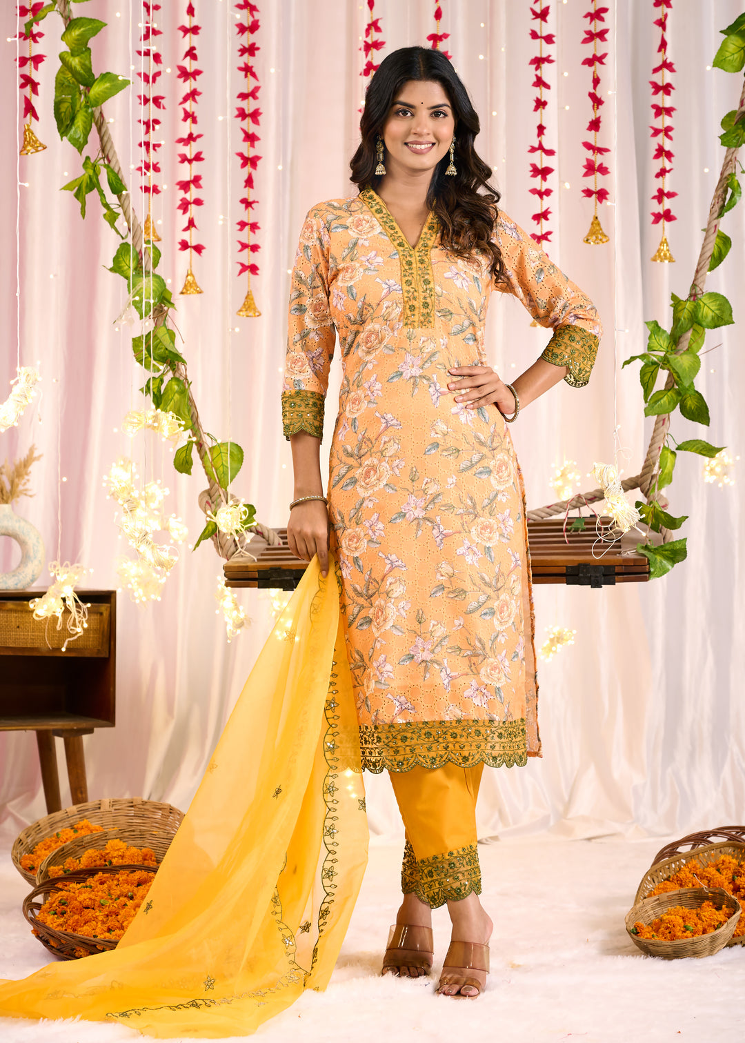 Elegant Cotton Sifli Kurta Set - Straight Cut, 3/4th Sleeves, V-Neck Design