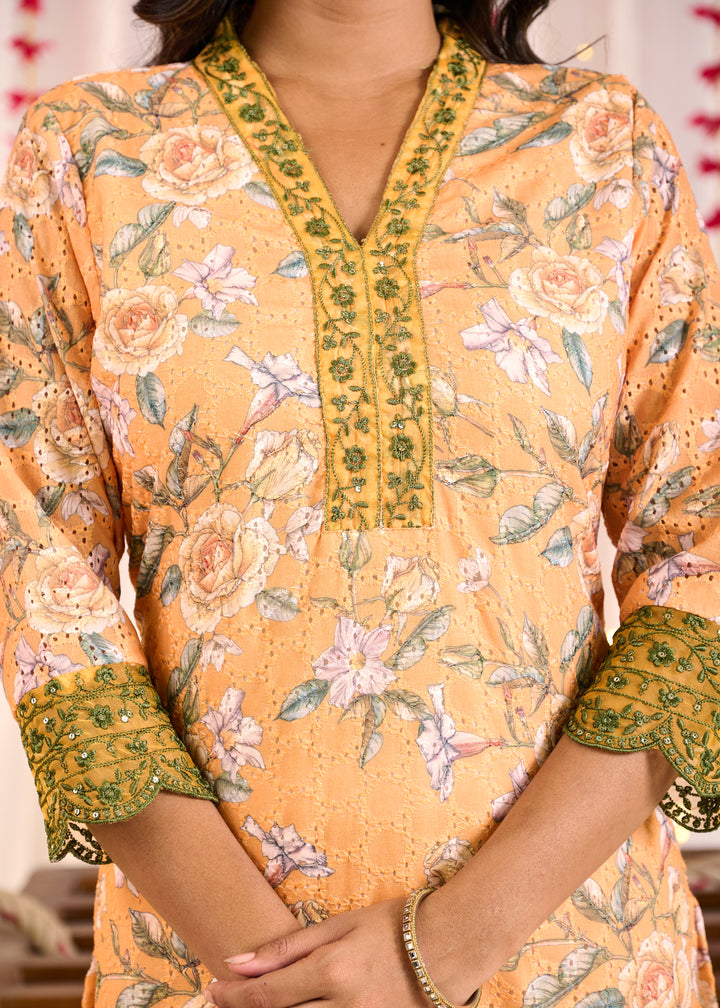 Elegant Cotton Sifli Kurta Set - Straight Cut, 3/4th Sleeves, V-Neck Design