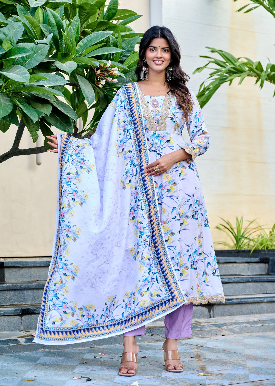 Muslin Anarkali Suit with V-Neck & 3/4 Sleeves – Purple & Pink