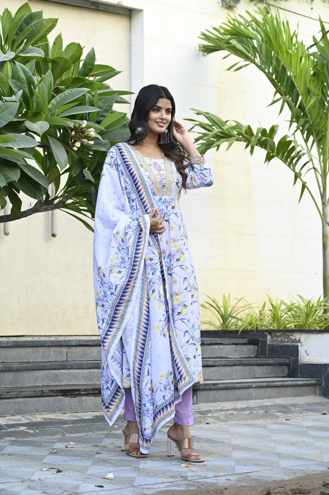 Muslin Anarkali Suit with V-Neck & 3/4 Sleeves – Purple & Pink