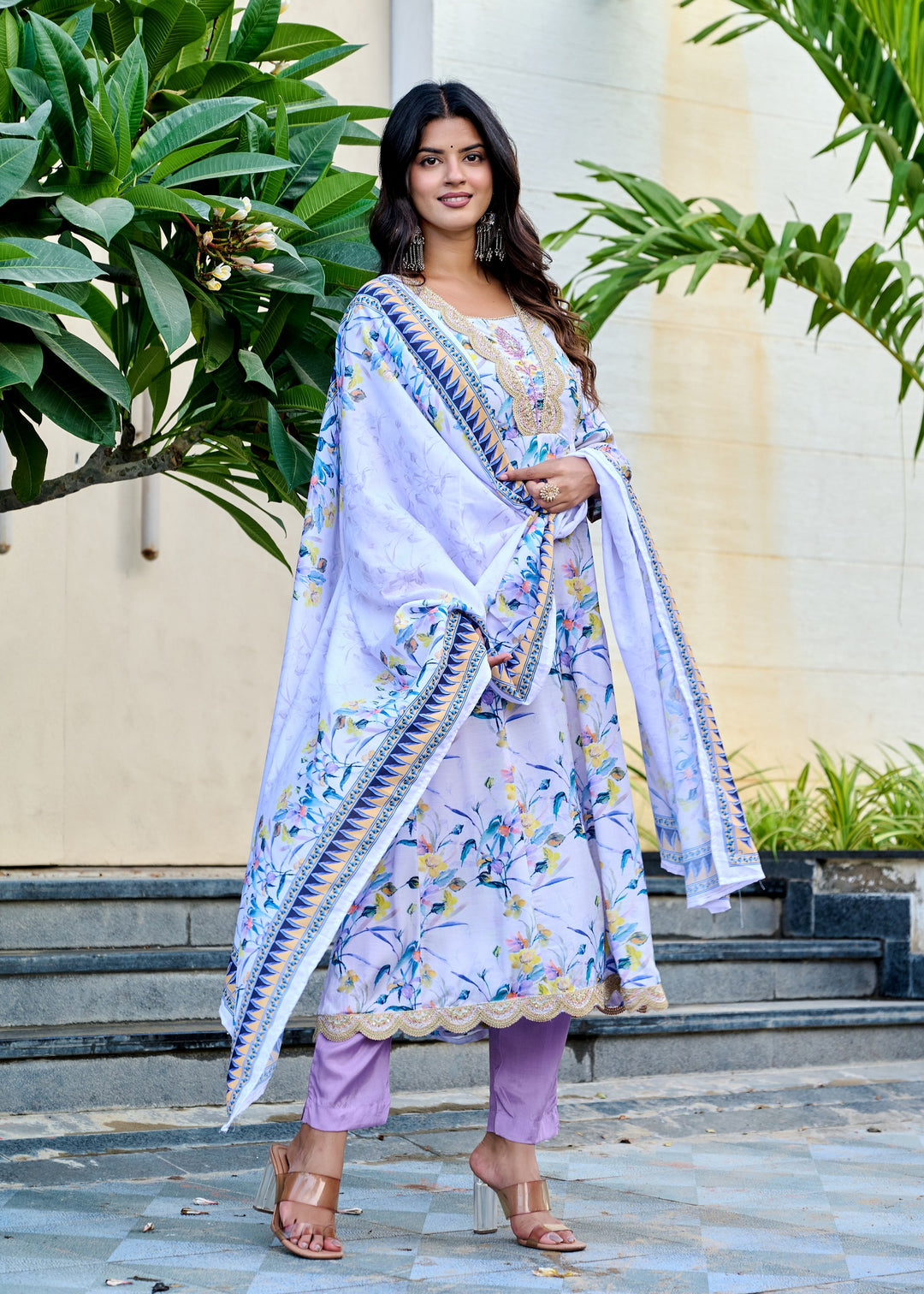 Muslin Anarkali Suit with V-Neck & 3/4 Sleeves – Purple & Pink