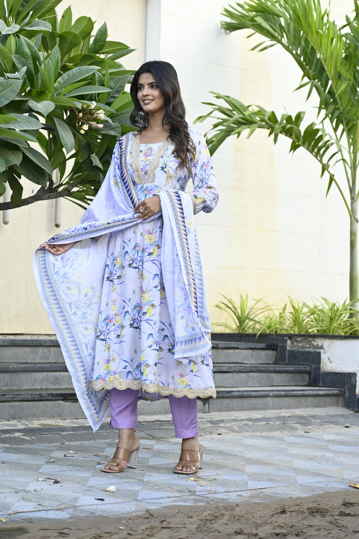 Muslin Anarkali Suit with V-Neck & 3/4 Sleeves – Purple & Pink