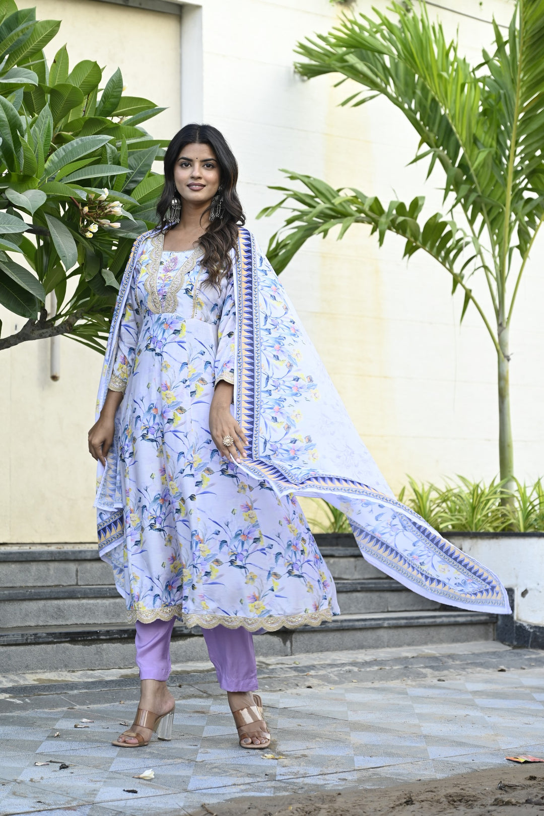 Muslin Anarkali Suit with V-Neck & 3/4 Sleeves – Purple & Pink