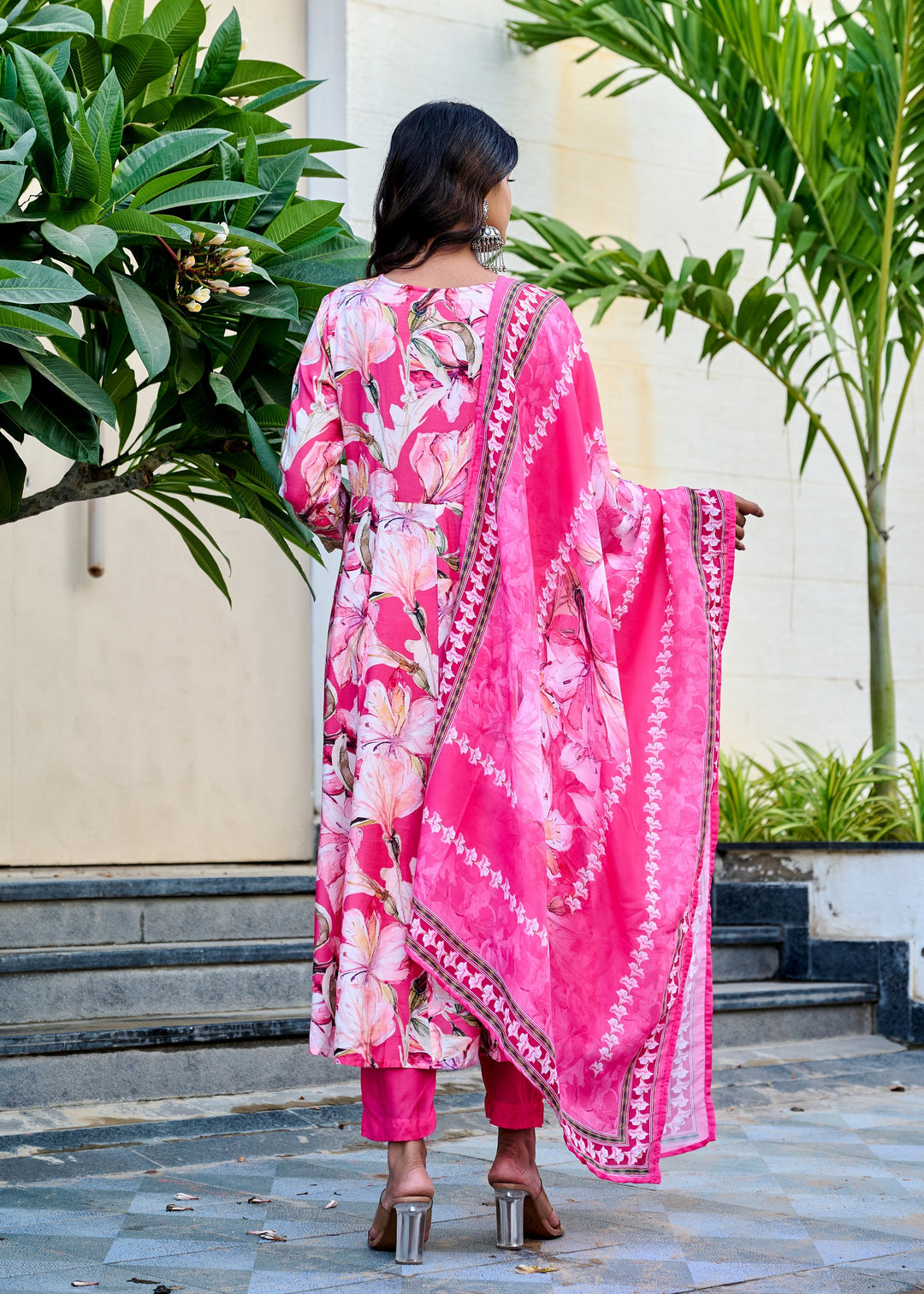 Muslin Anarkali Suit with V-Neck & 3/4 Sleeves – Purple & Pink