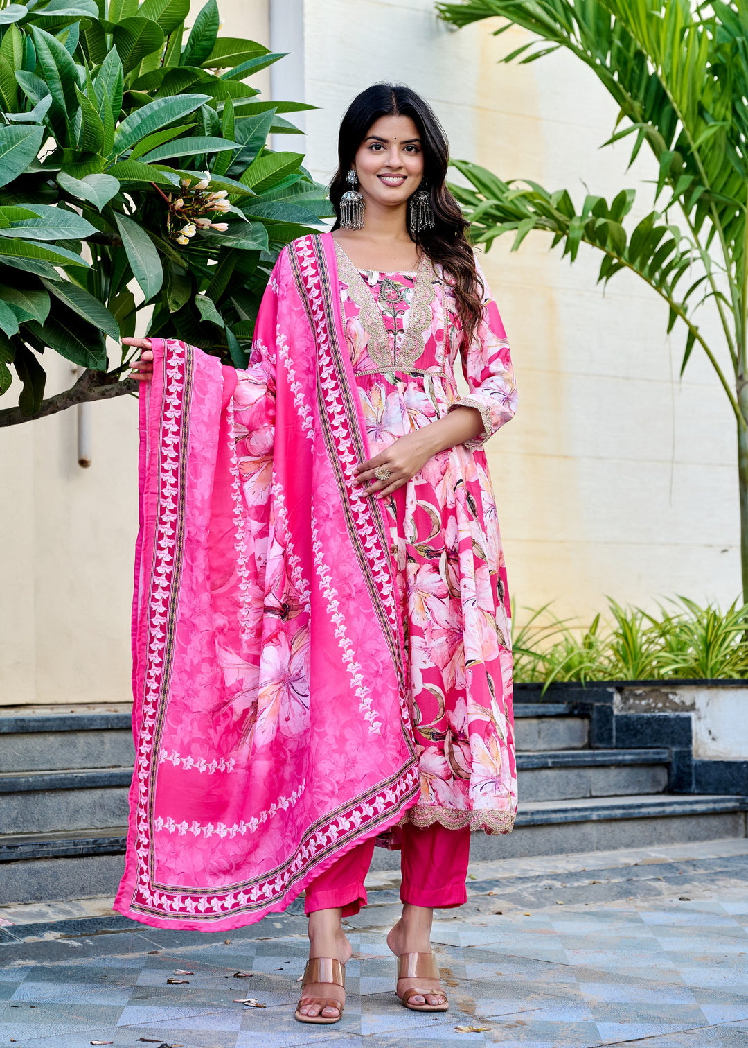 Muslin Anarkali Suit with V-Neck & 3/4 Sleeves – Purple & Pink