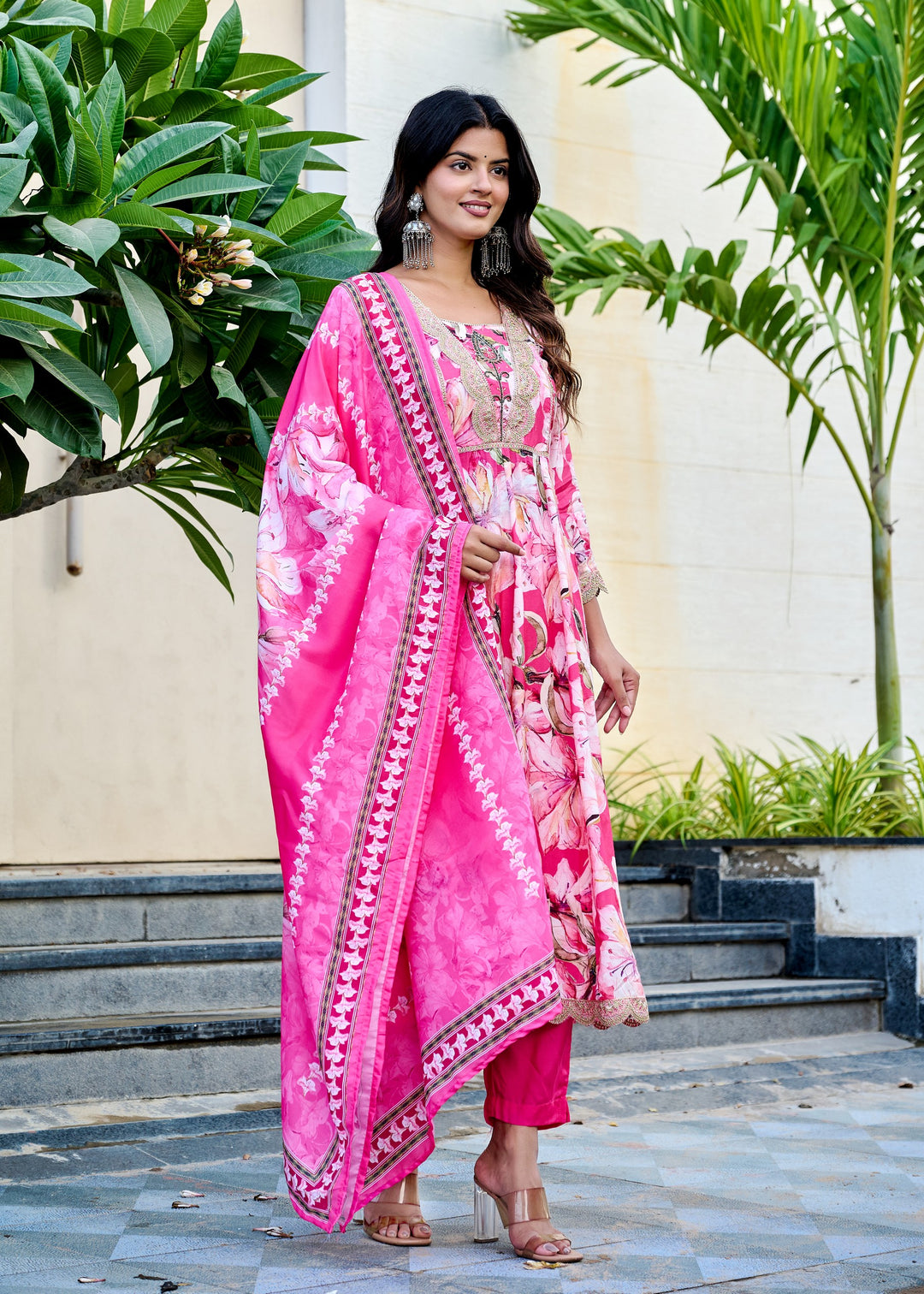 Muslin Anarkali Suit with V-Neck & 3/4 Sleeves – Purple & Pink