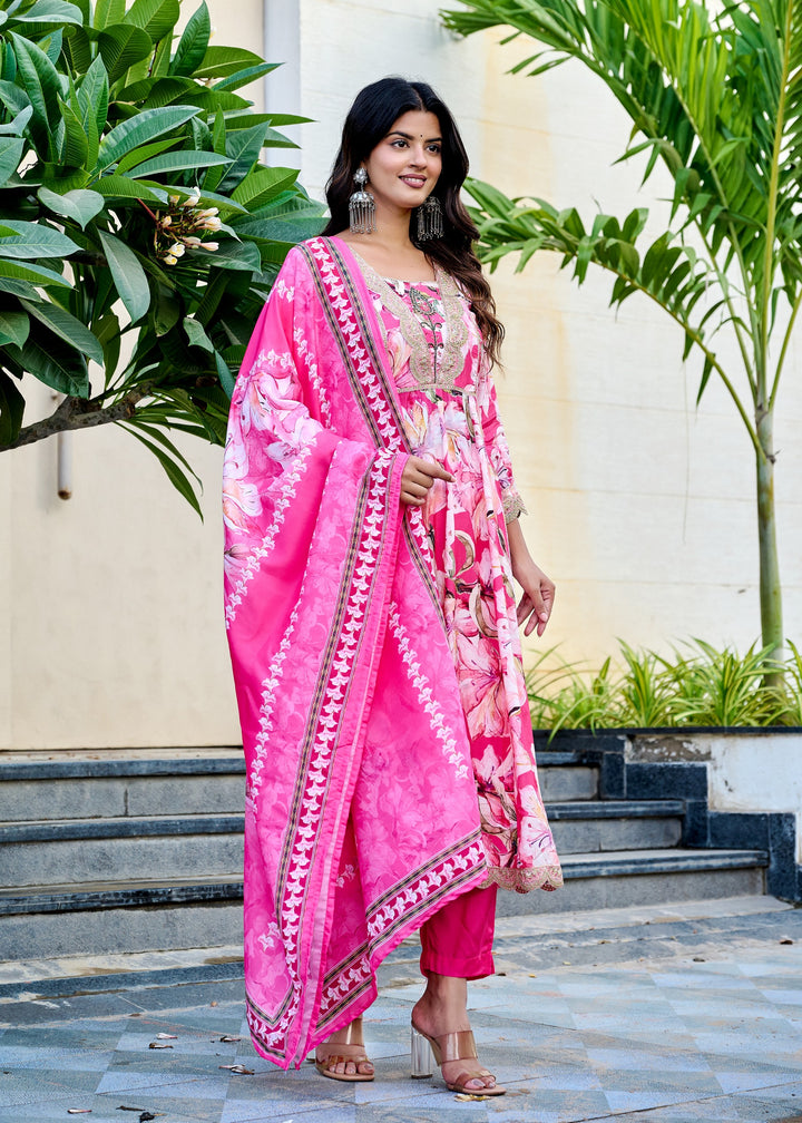 Muslin Anarkali Suit with V-Neck & 3/4 Sleeves – Purple & Pink
