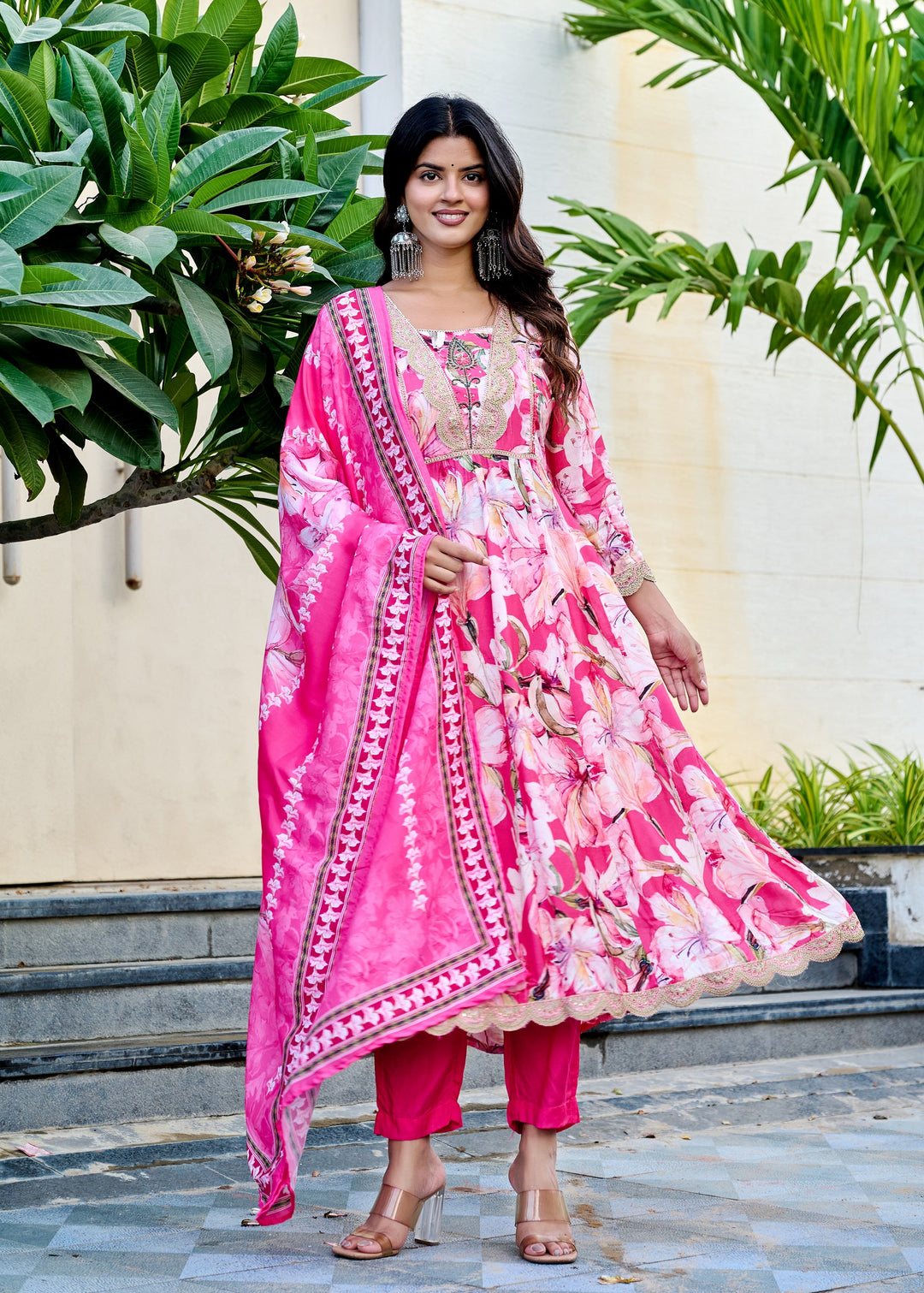 Muslin Anarkali Suit with V-Neck & 3/4 Sleeves – Purple & Pink