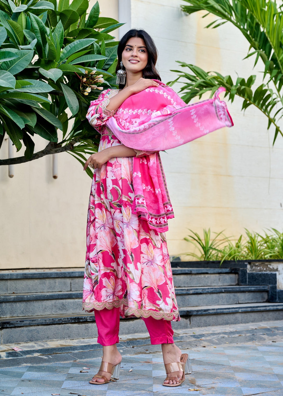 Muslin Anarkali Suit with V-Neck & 3/4 Sleeves – Purple & Pink