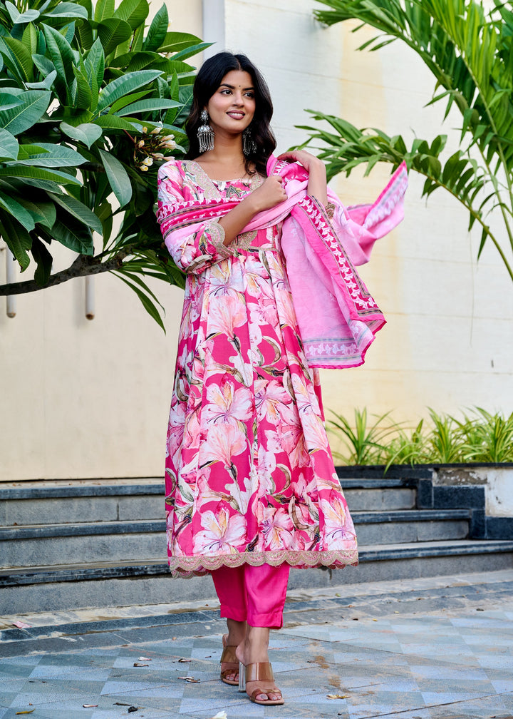 Muslin Anarkali Suit with V-Neck & 3/4 Sleeves – Purple & Pink