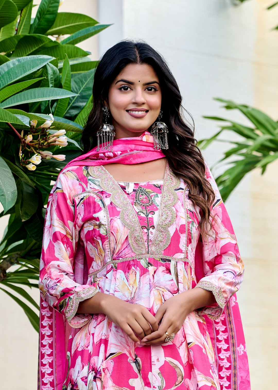 Muslin Anarkali Suit with V-Neck & 3/4 Sleeves – Purple & Pink