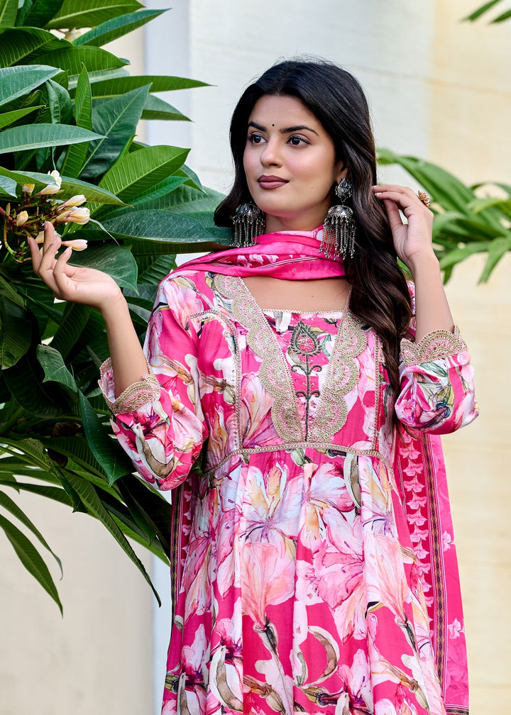 Muslin Anarkali Suit with V-Neck & 3/4 Sleeves – Purple & Pink