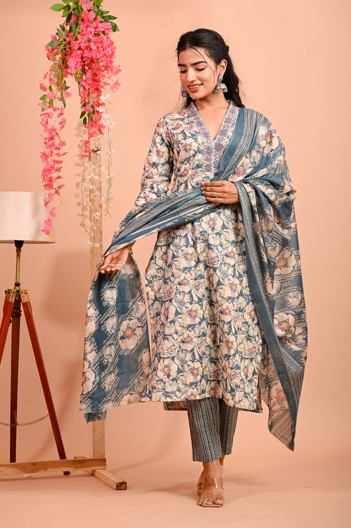 Straight Fit Cotton Kurta Set with V-Neck & 3/4 Sleeves - Available in Blue & Red
