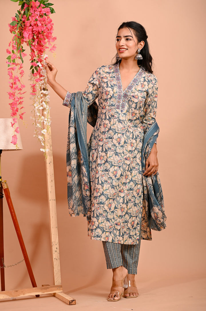Straight Fit Cotton Kurta Set with V-Neck & 3/4 Sleeves - Available in Blue & Red