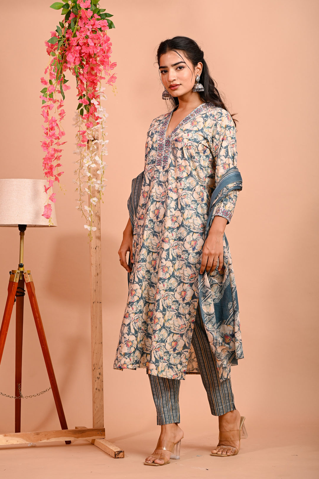 Straight Fit Cotton Kurta Set with V-Neck & 3/4 Sleeves - Available in Blue & Red