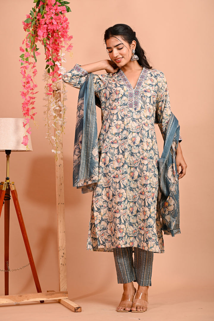 Straight Fit Cotton Kurta Set with V-Neck & 3/4 Sleeves - Available in Blue & Red