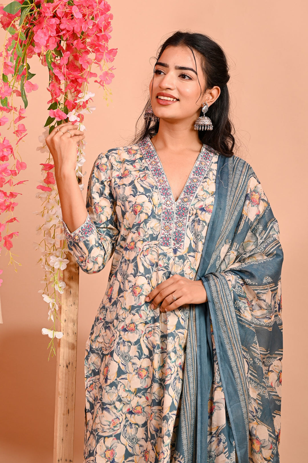 Straight Fit Cotton Kurta Set with V-Neck & 3/4 Sleeves - Available in Blue & Red