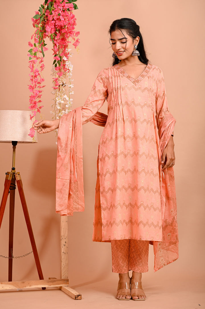 Straight Fit Cotton Kurta Set with V-Neck & 3/4 Sleeves - Peach & Green