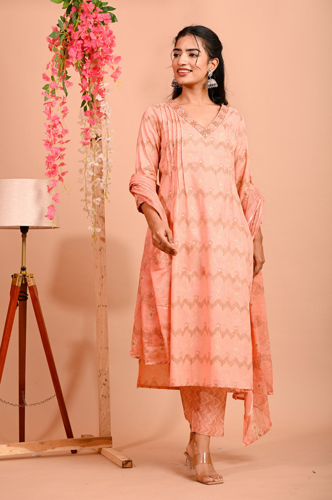 Straight Fit Cotton Kurta Set with V-Neck & 3/4 Sleeves - Peach & Green