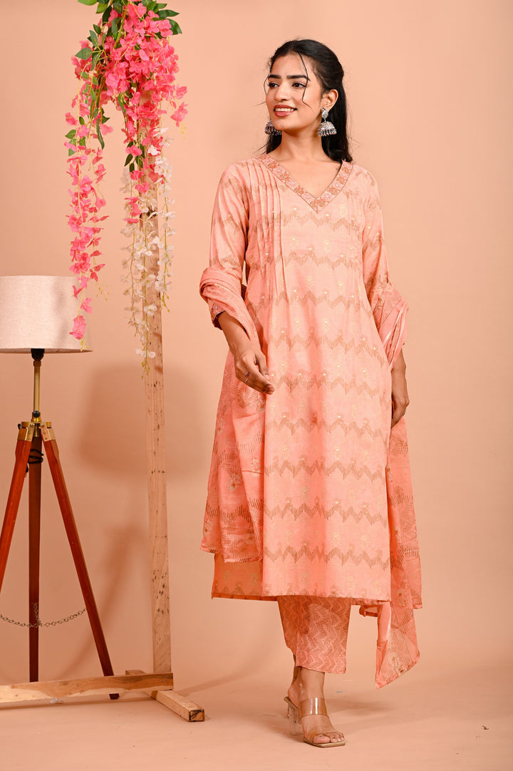 Straight Fit Cotton Kurta Set with V-Neck & 3/4 Sleeves - Peach & Green