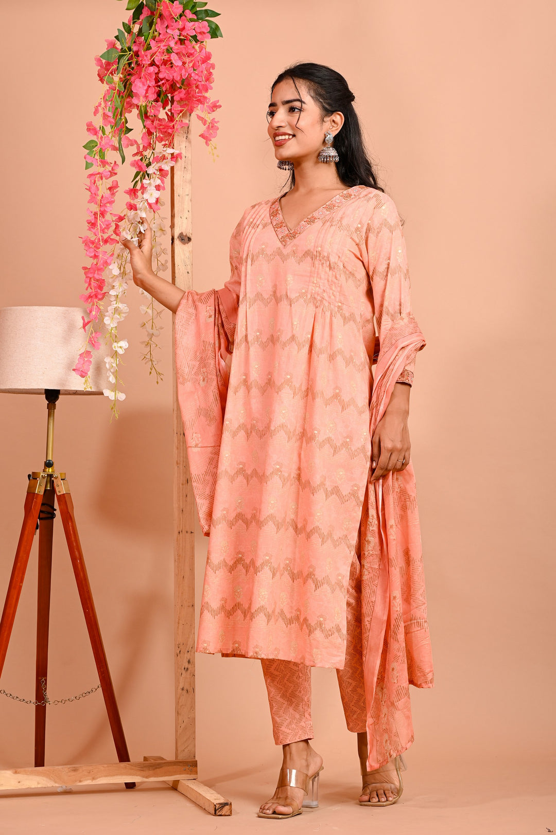 Straight Fit Cotton Kurta Set with V-Neck & 3/4 Sleeves - Peach & Green