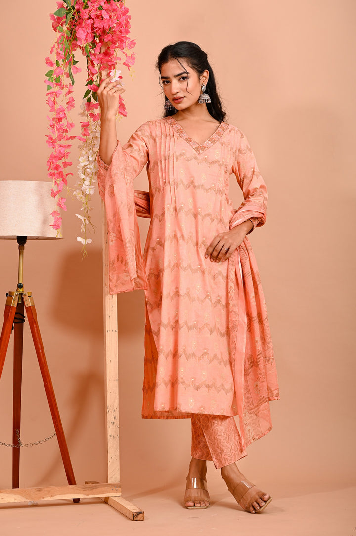 Straight Fit Cotton Kurta Set with V-Neck & 3/4 Sleeves - Peach & Green