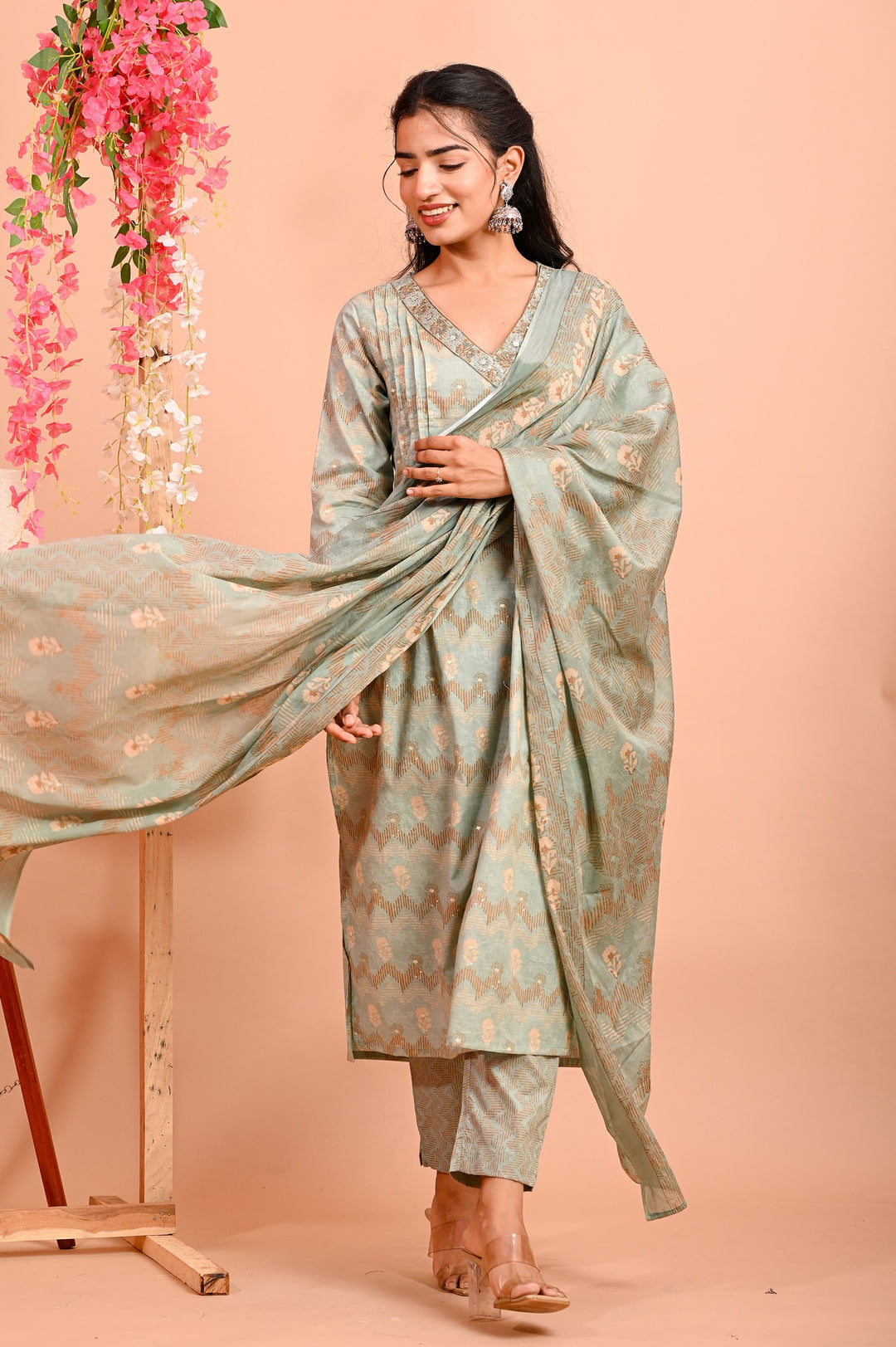 Straight Fit Cotton Kurta Set with V-Neck & 3/4 Sleeves - Peach & Green