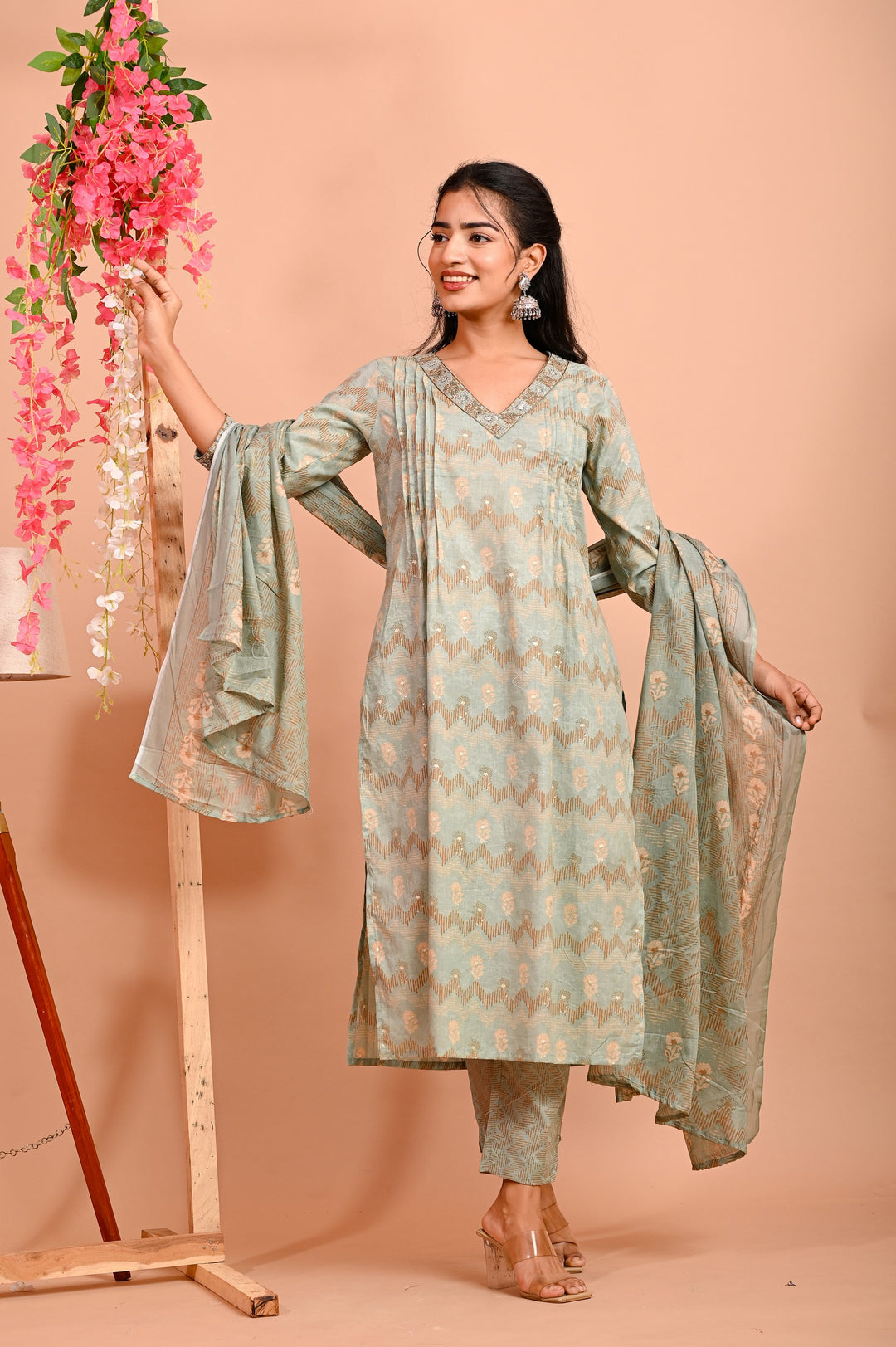 Straight Fit Cotton Kurta Set with V-Neck & 3/4 Sleeves - Peach & Green