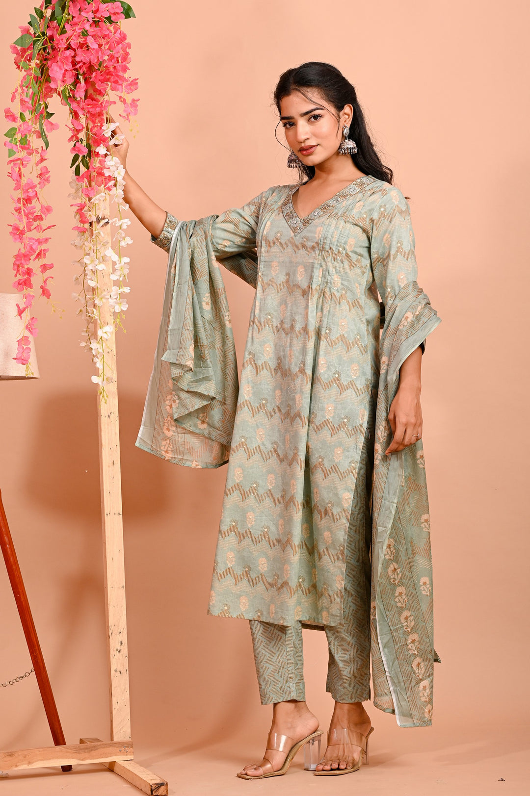 Straight Fit Cotton Kurta Set with V-Neck & 3/4 Sleeves - Peach & Green