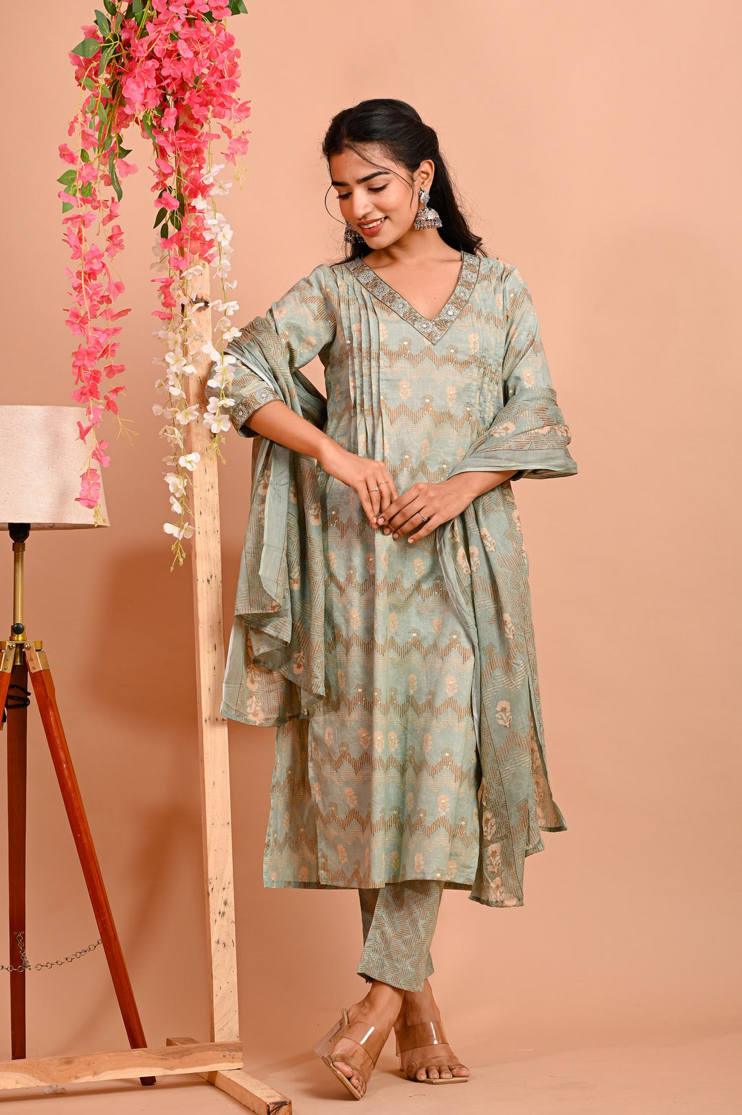 Straight Fit Cotton Kurta Set with V-Neck & 3/4 Sleeves - Peach & Green