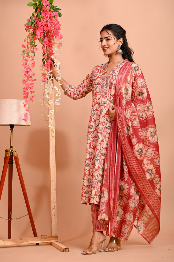 Straight Fit Cotton Kurta Set with V-Neck & 3/4 Sleeves - Available in Blue & Red