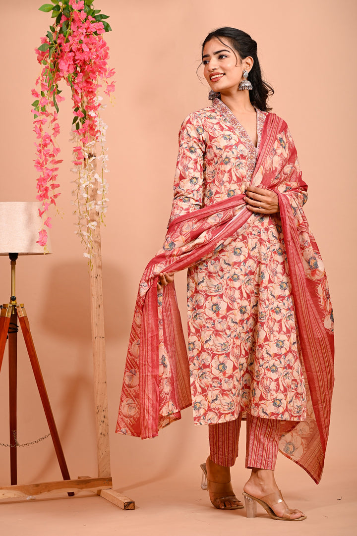 Straight Fit Cotton Kurta Set with V-Neck & 3/4 Sleeves - Available in Blue & Red