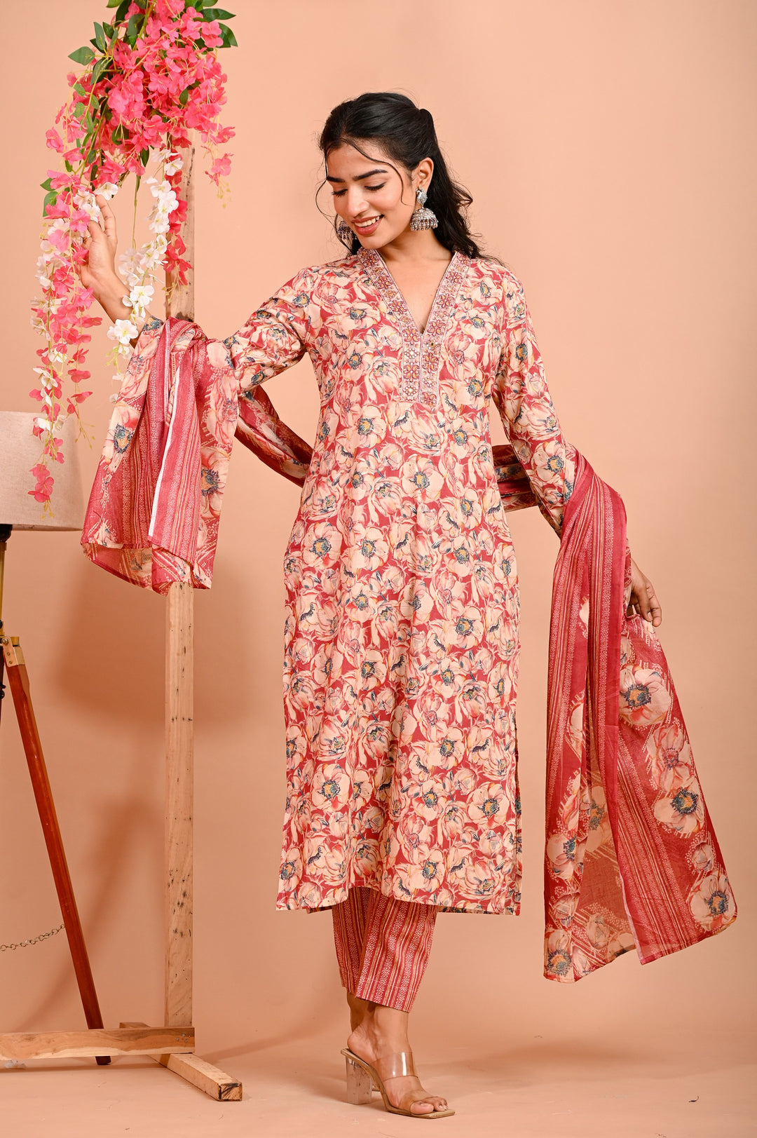 Straight Fit Cotton Kurta Set with V-Neck & 3/4 Sleeves - Available in Blue & Red