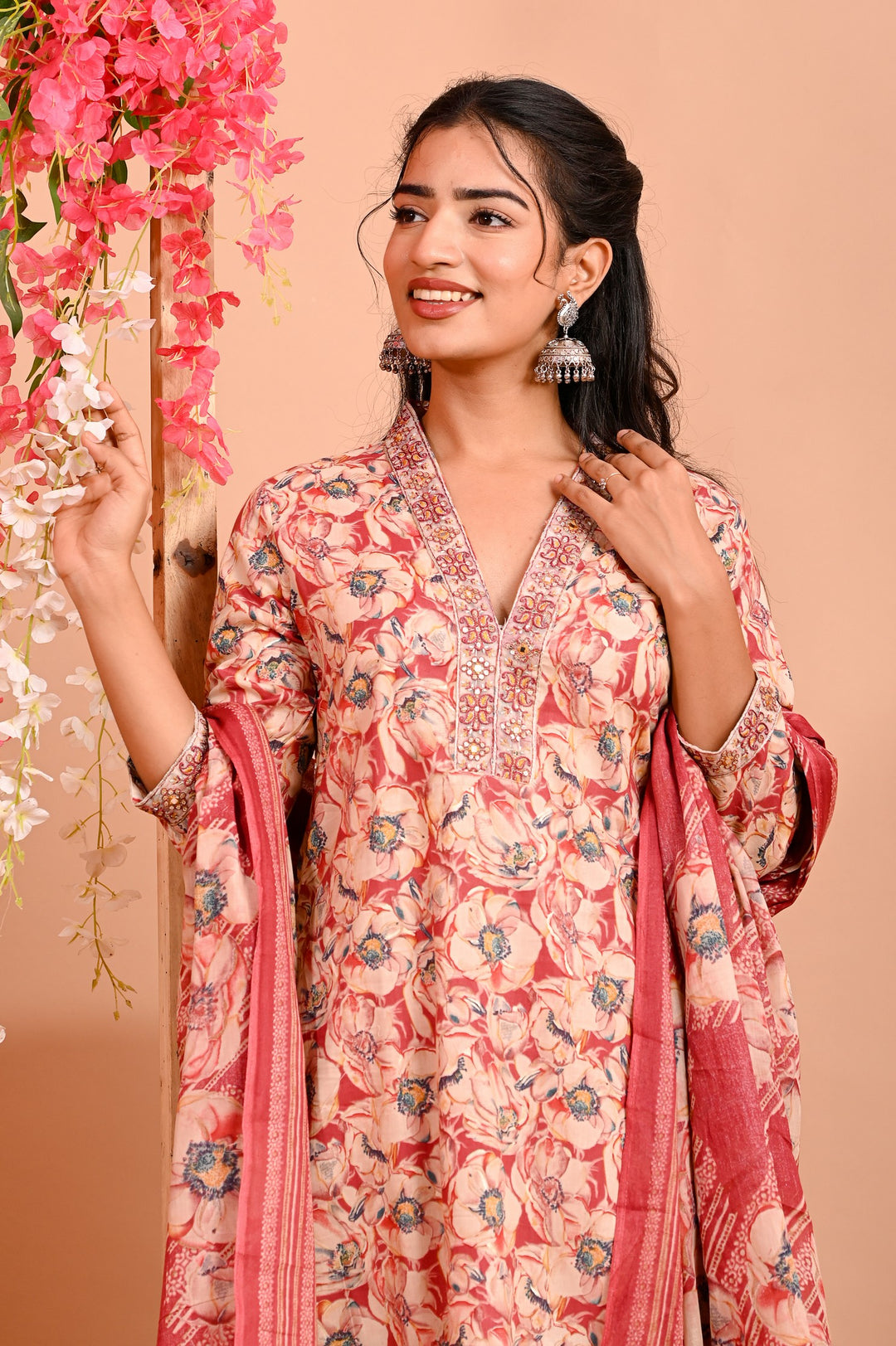 Straight Fit Cotton Kurta Set with V-Neck & 3/4 Sleeves - Available in Blue & Red