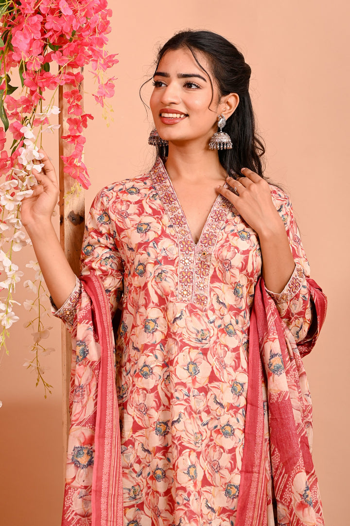 Straight Fit Cotton Kurta Set with V-Neck & 3/4 Sleeves - Available in Blue & Red