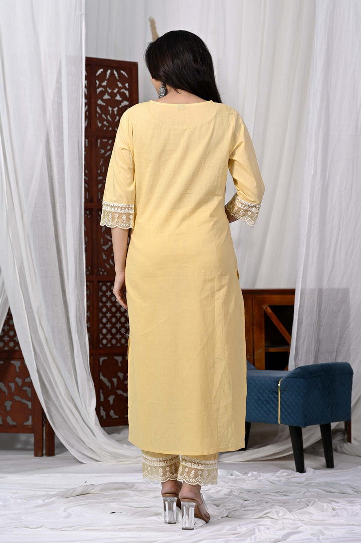 Stylish Cotton Kurta Set - Straight Pattern, V-Neckline, 3/4th Sleeves, Available in Pink & Yellow