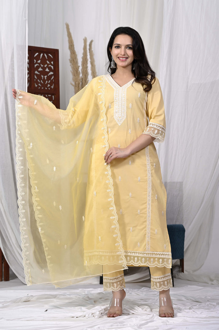 Stylish Cotton Kurta Set - Straight Pattern, V-Neckline, 3/4th Sleeves, Available in Pink & Yellow