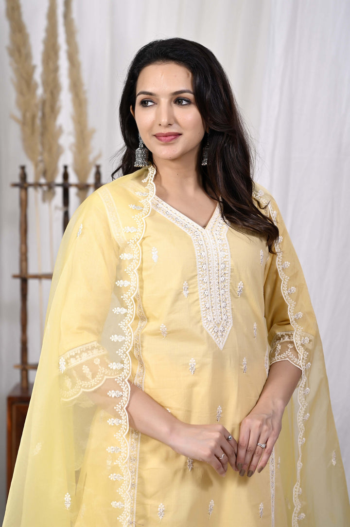 Stylish Cotton Kurta Set - Straight Pattern, V-Neckline, 3/4th Sleeves, Available in Pink & Yellow