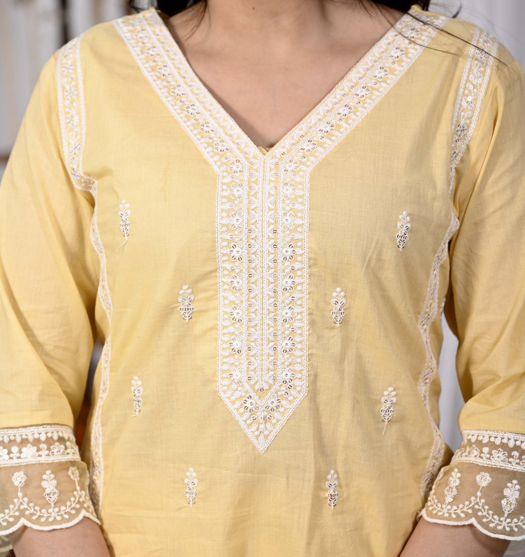 Stylish Cotton Kurta Set - Straight Pattern, V-Neckline, 3/4th Sleeves, Available in Pink & Yellow