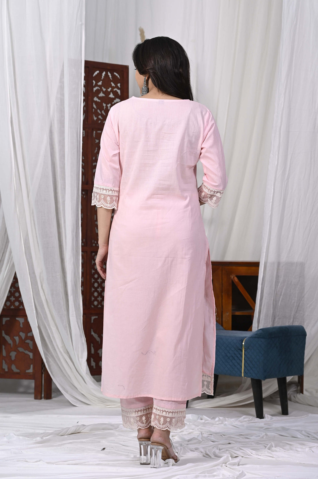 Stylish Cotton Kurta Set - Straight Pattern, V-Neckline, 3/4th Sleeves, Available in Pink & Yellow