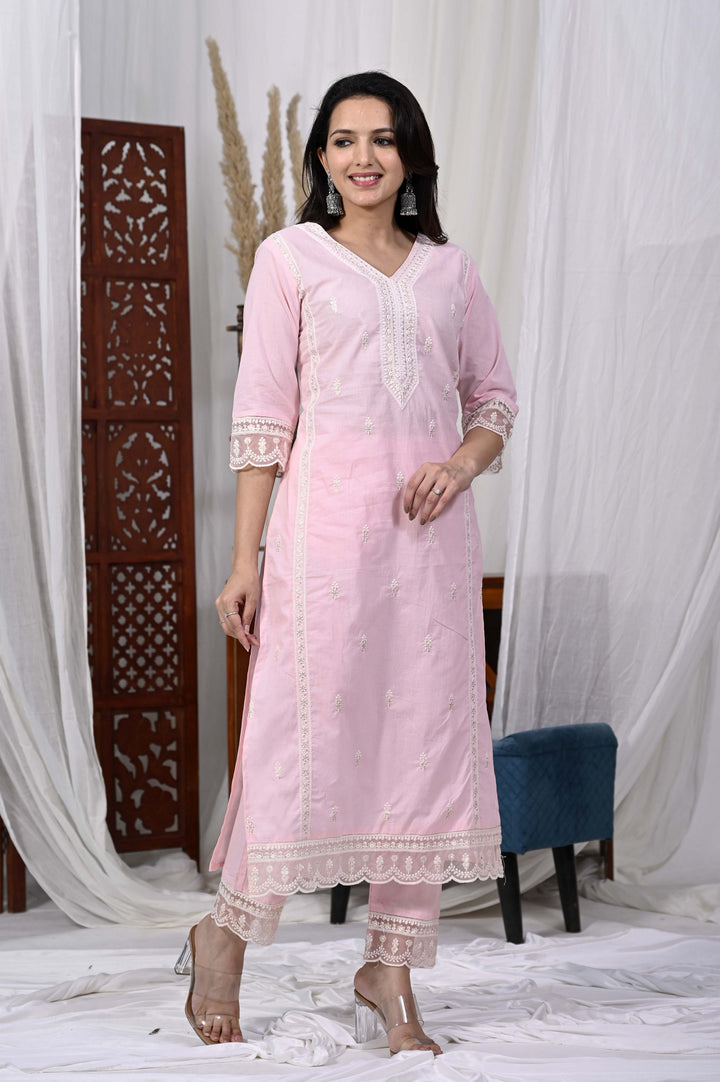 Stylish Cotton Kurta Set - Straight Pattern, V-Neckline, 3/4th Sleeves, Available in Pink & Yellow