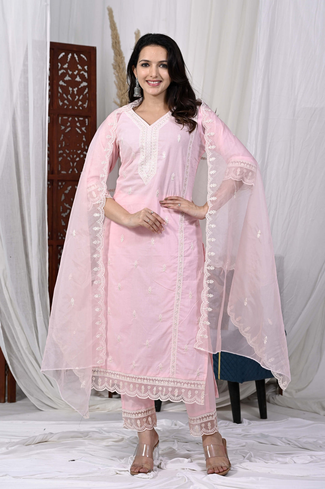 Stylish Cotton Kurta Set - Straight Pattern, V-Neckline, 3/4th Sleeves, Available in Pink & Yellow