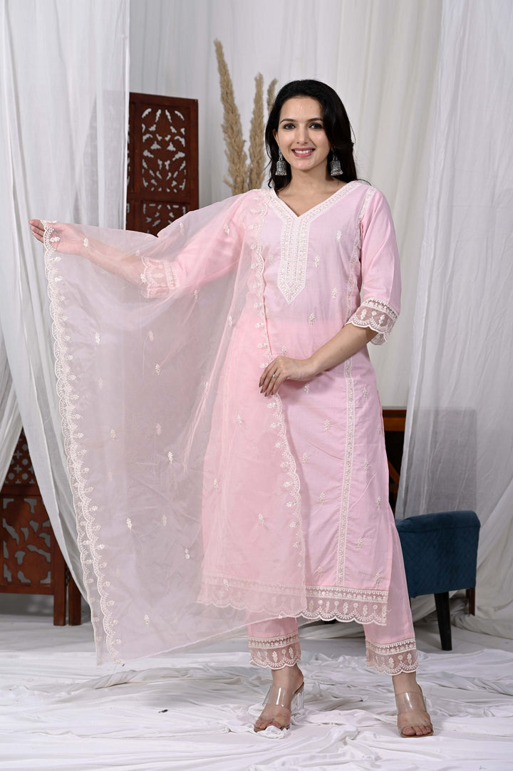 Stylish Cotton Kurta Set - Straight Pattern, V-Neckline, 3/4th Sleeves, Available in Pink & Yellow