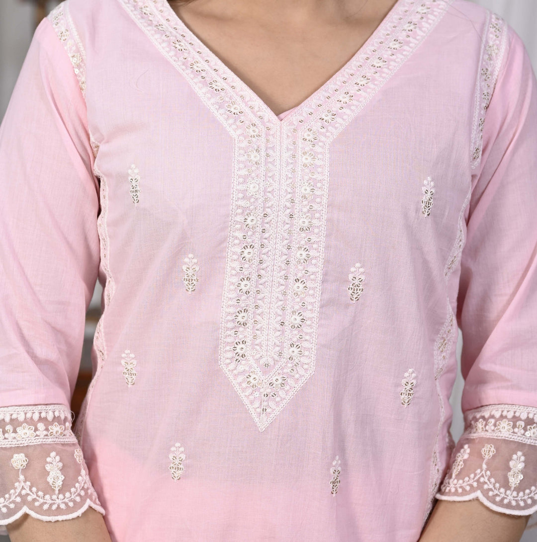 Stylish Cotton Kurta Set - Straight Pattern, V-Neckline, 3/4th Sleeves, Available in Pink & Yellow