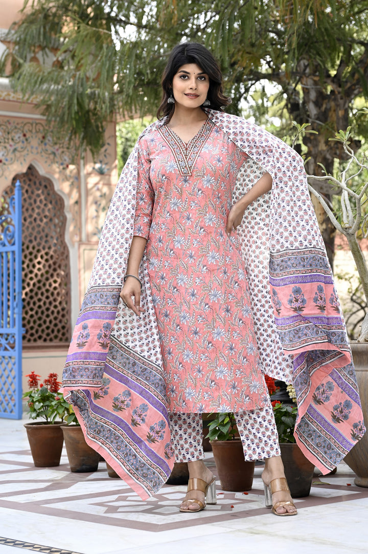 Elegant Cotton Kurta Set - Straight Pattern, V-Neckline, 3/4th Sleeves, Available in Sea Green, Pink & Yellow