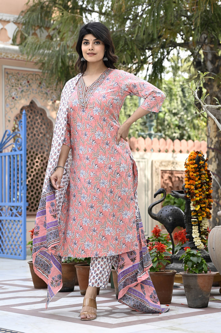 Elegant Cotton Kurta Set - Straight Pattern, V-Neckline, 3/4th Sleeves, Available in Sea Green, Pink & Yellow